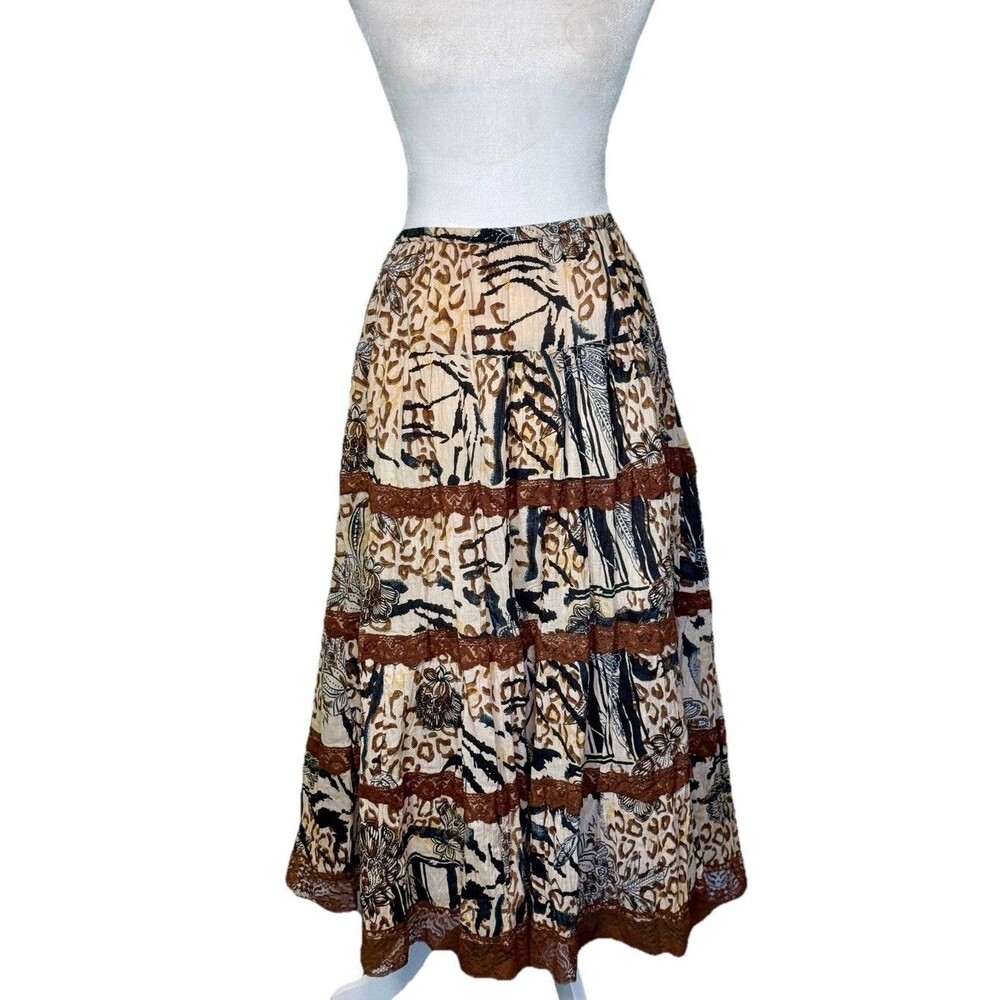 La Cera Women’s Boho Patchwork Animal Print Hippie Gypsy Tiered Maxi Skirt Sz Lg